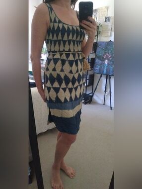 Maeve Navy and Cream Geometric Midi Dress